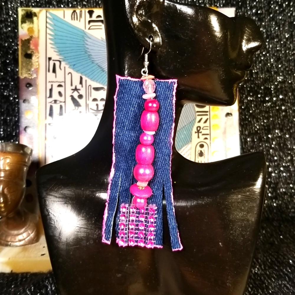 4 inches in length denim fabric Fringes earrings